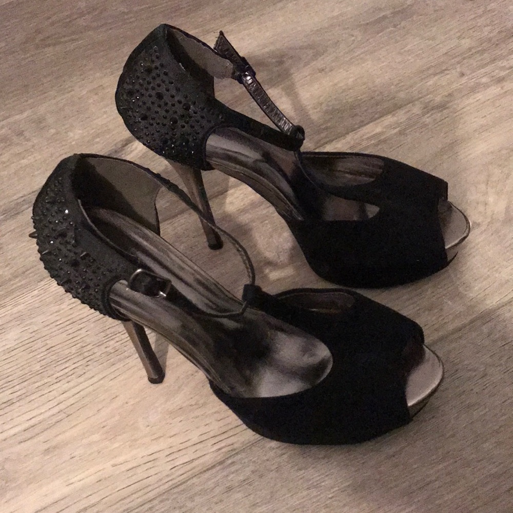 Studded faux suede stiletto heels